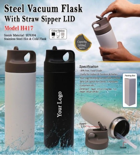 Steel Vacuum Flask With Straw Sipper LID H417