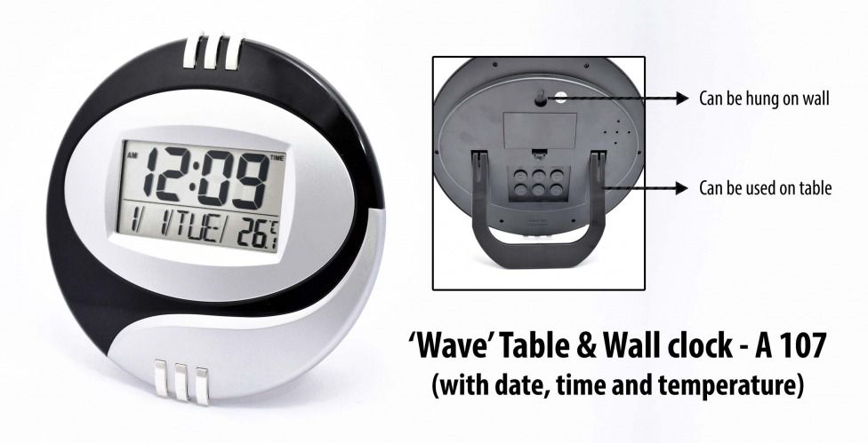 Wave table and wall clock with date time and temperature A107
