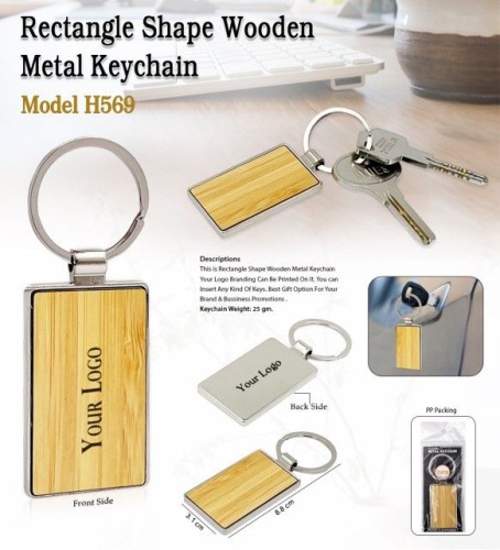Rectangle Shape Wooden Metal Keychain H569