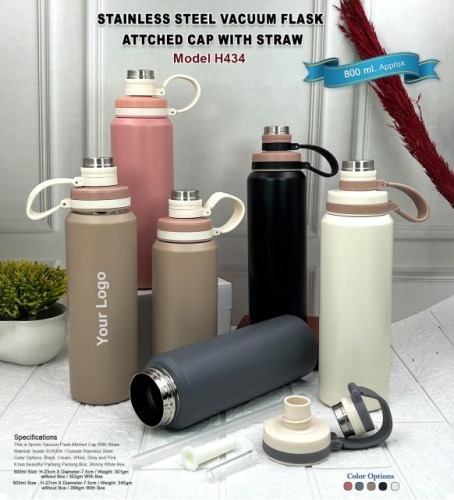 Stainless Steel Vacuum Flask Attached Cap With Straw H434