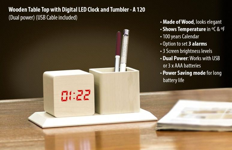 Wooden Tabletop with Digital LED Clock and tumbler A120