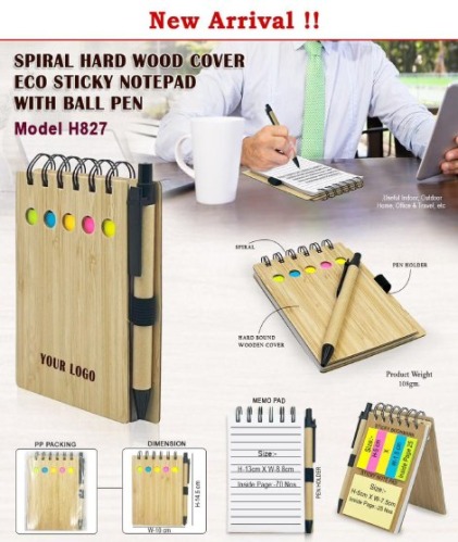 Spiral Hard Wood Cover Eco Sticky Note Pad H 827