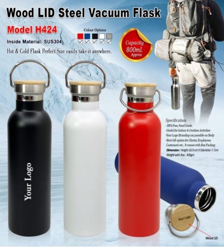 Wood LID Steel Vacuum Flask H424