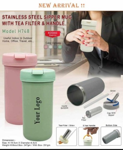 Stainless Steel Sipper Mug With Tea Filter And Handle H 748