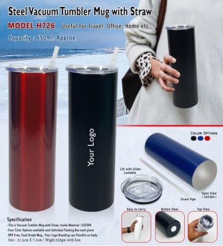 Steel Vacuum Tumbler Mug With Straw H726